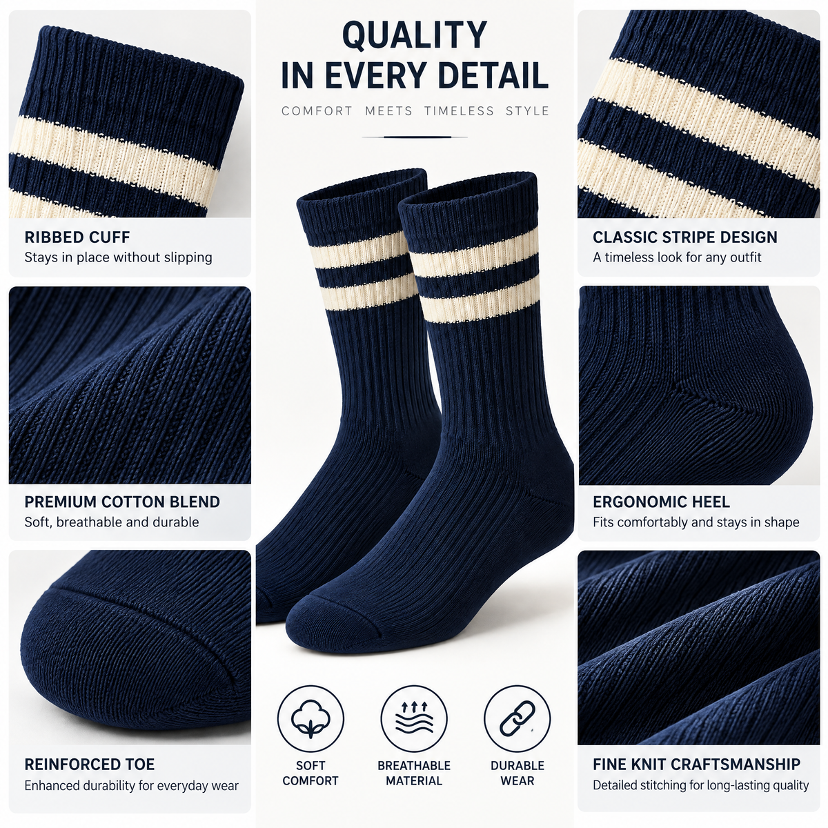 Navy & Cream Varsity Stripe Crew Socks — design details