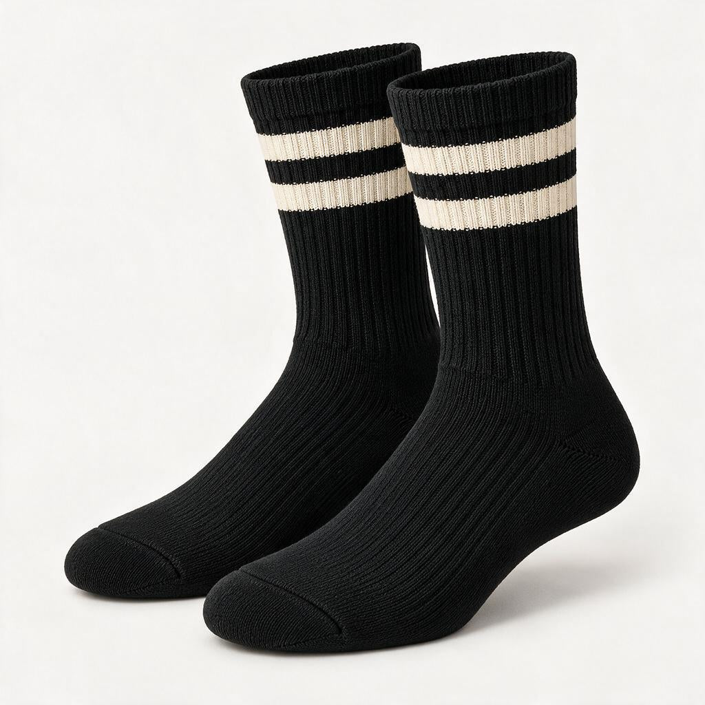 Navy & Cream Varsity Stripe Crew Socks — styling variation