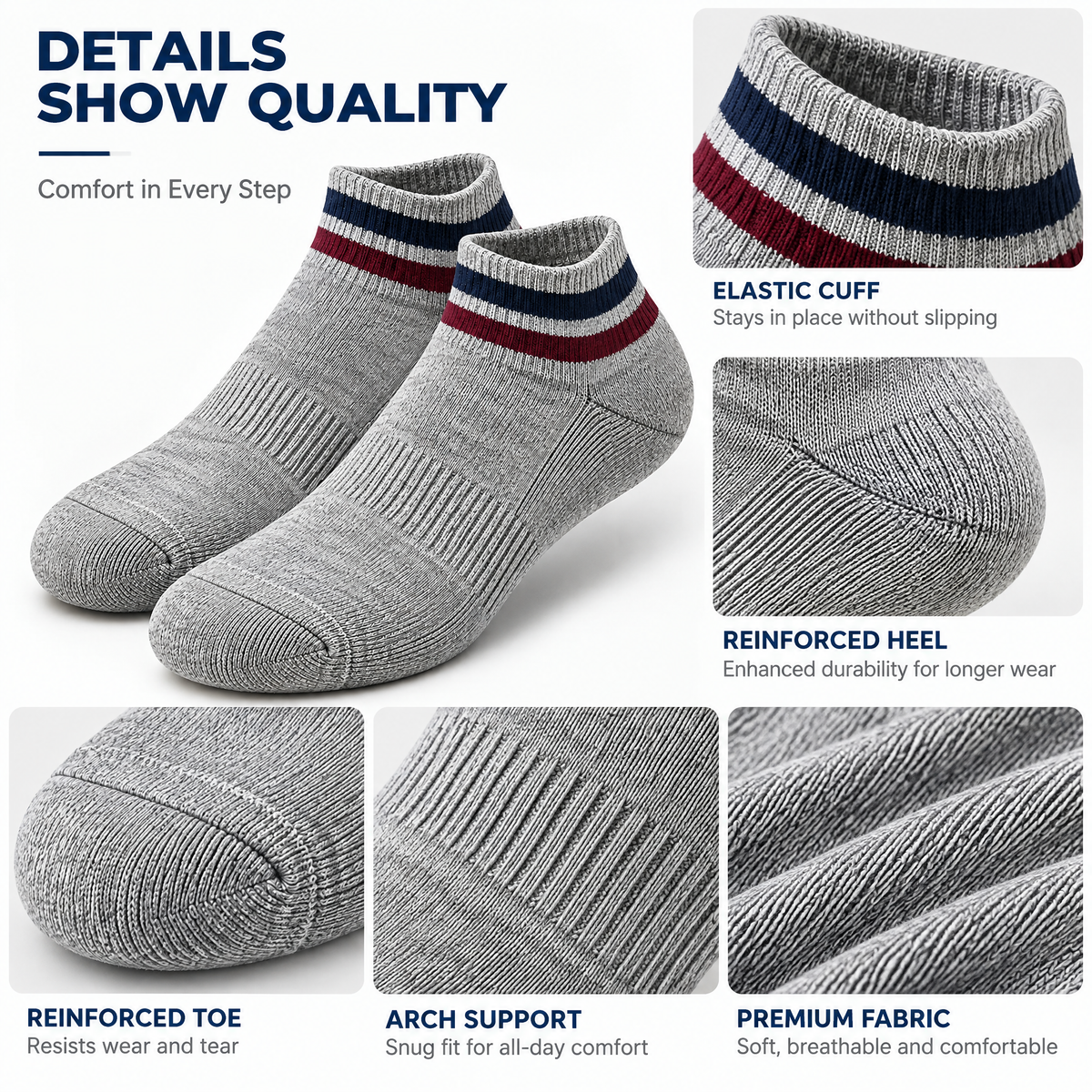 Heather Gray Retro Stripe Athletic Ankle Socks — design details