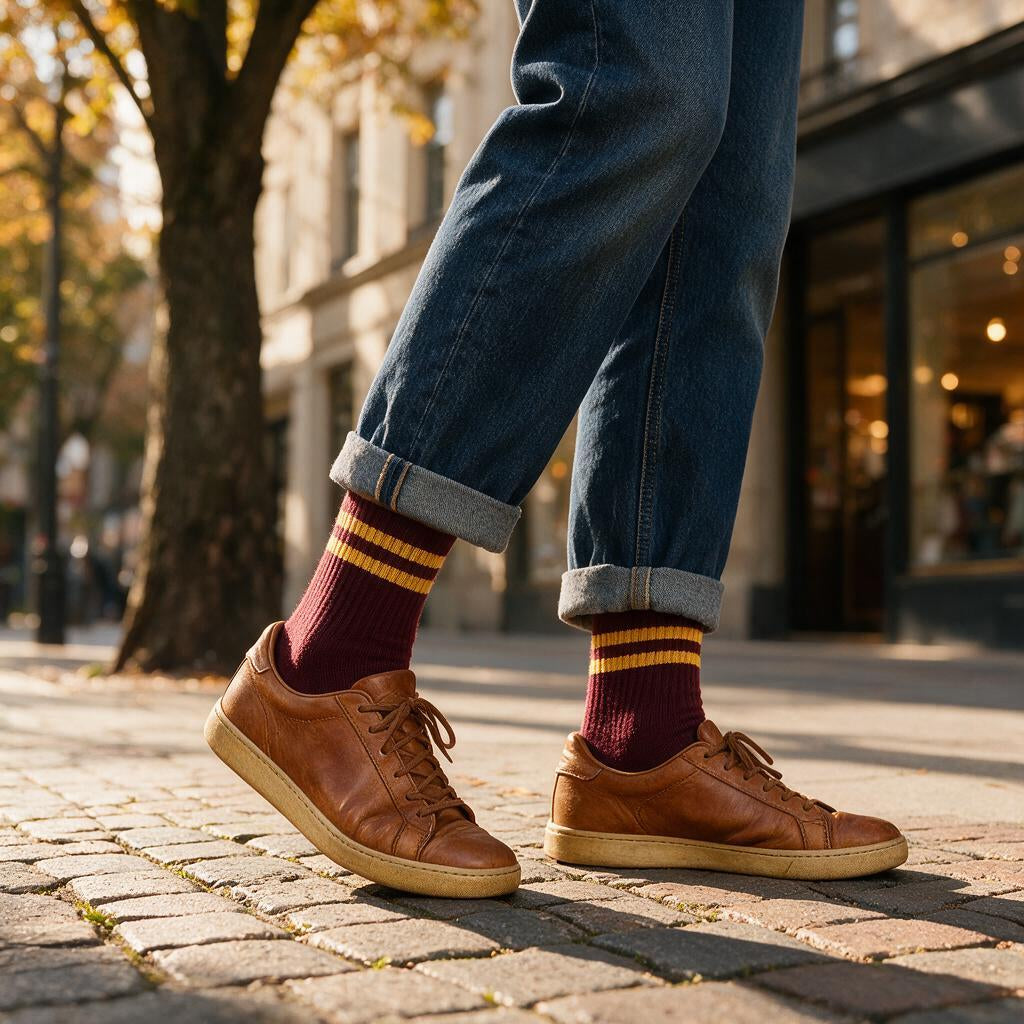Burgundy & Gold Retro Varsity Crew Socks — outfit inspiration