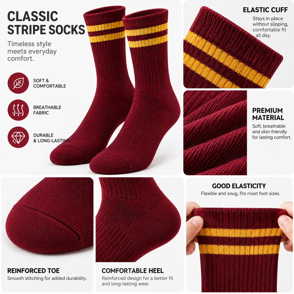 Burgundy & Gold Retro Varsity Crew Socks — design details