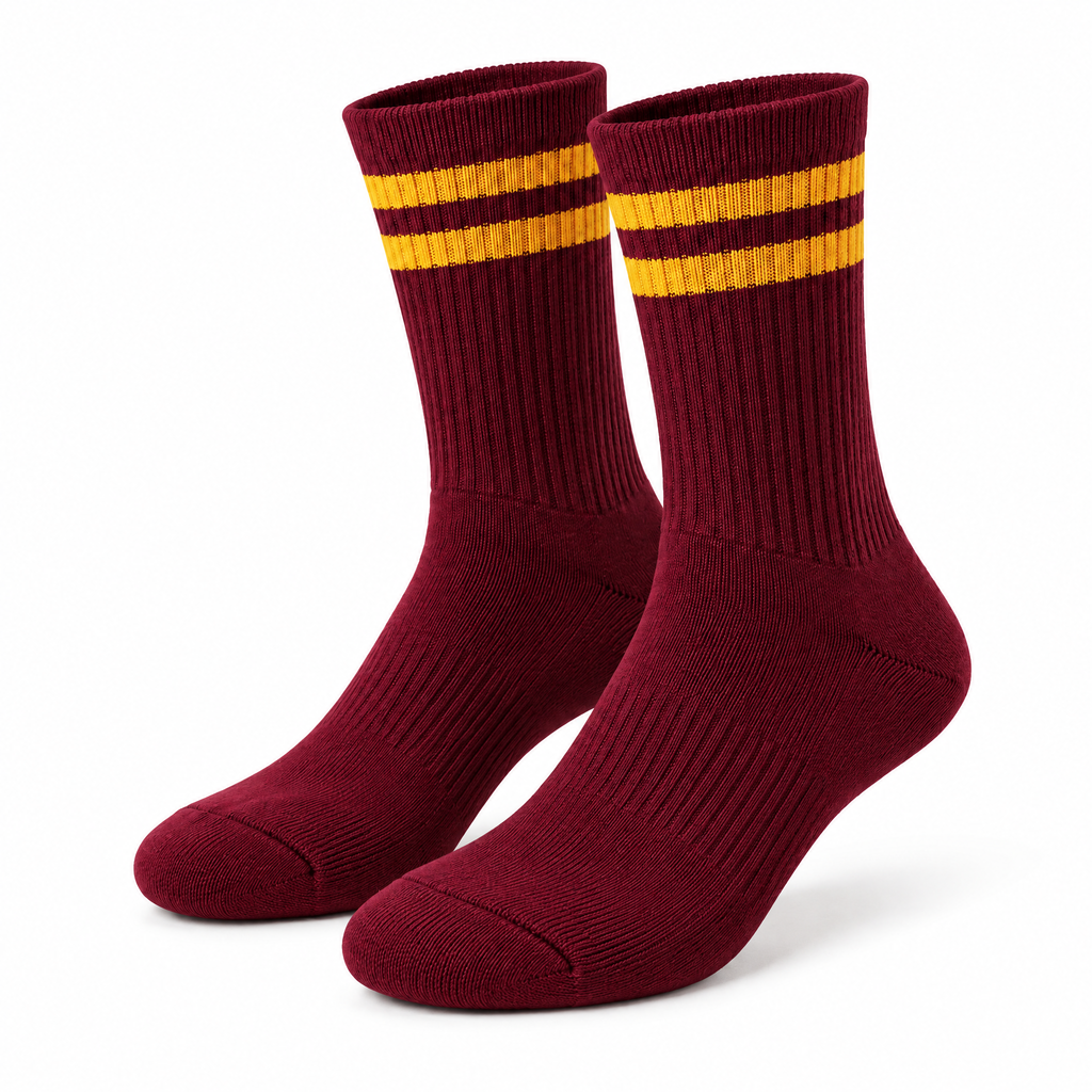 Burgundy & Gold Retro Varsity Crew Socks — product view