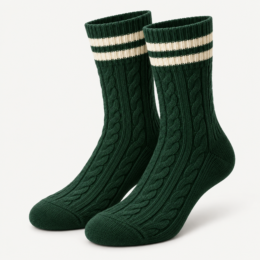 Forest Green Cable-Knit Varsity Crew Socks — main view