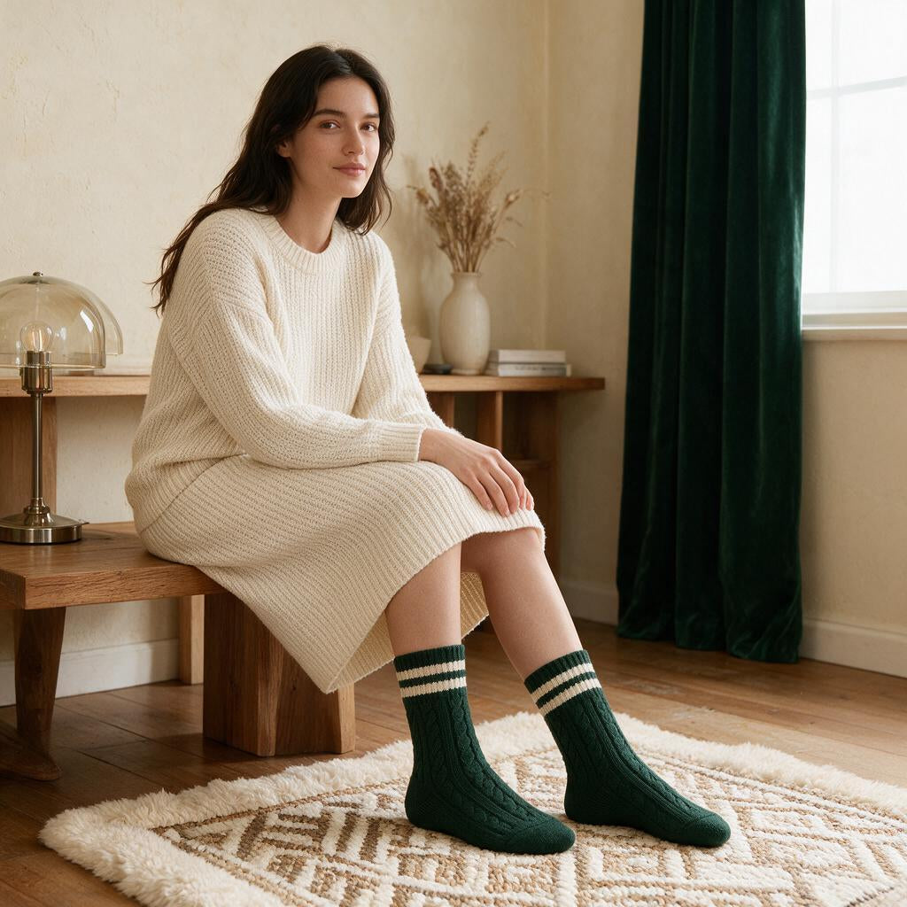 Forest Green Cable-Knit Varsity Crew Socks — outfit inspiration