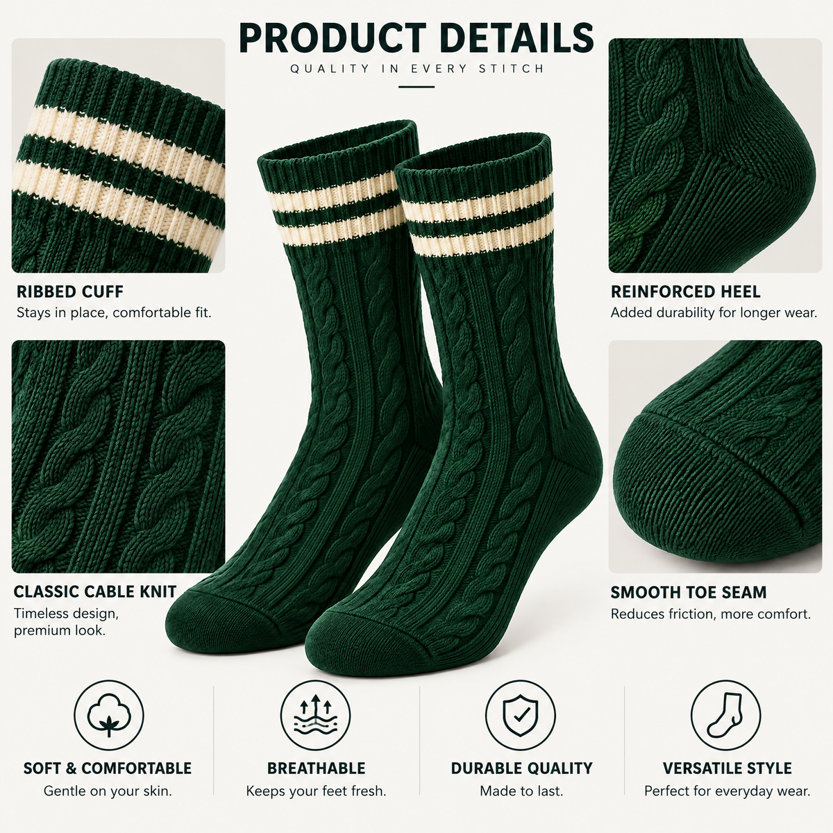 Forest Green Cable-Knit Varsity Crew Socks — design details