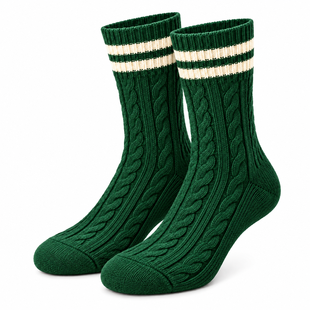 Forest Green Cable-Knit Varsity Crew Socks — product view