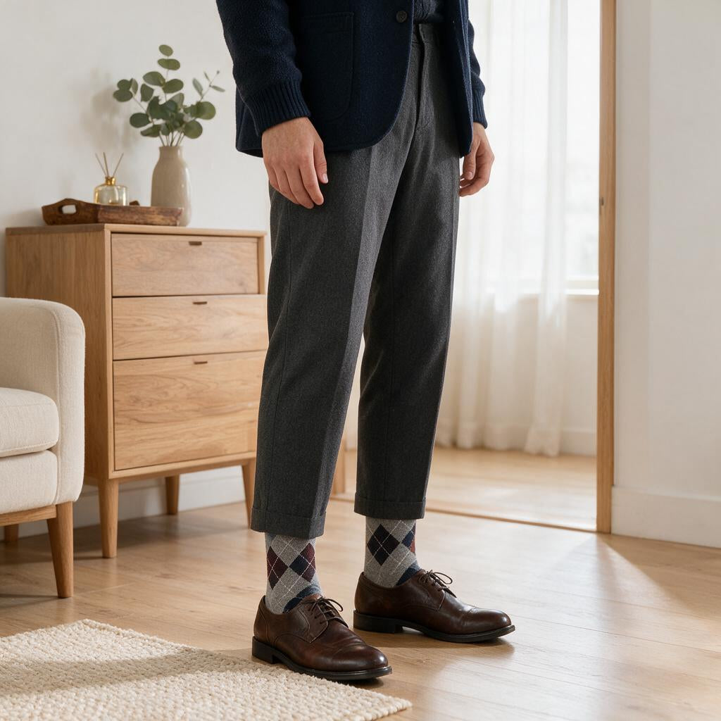 Heather Gray Navy & Brick Argyle Crew Socks — outfit inspiration