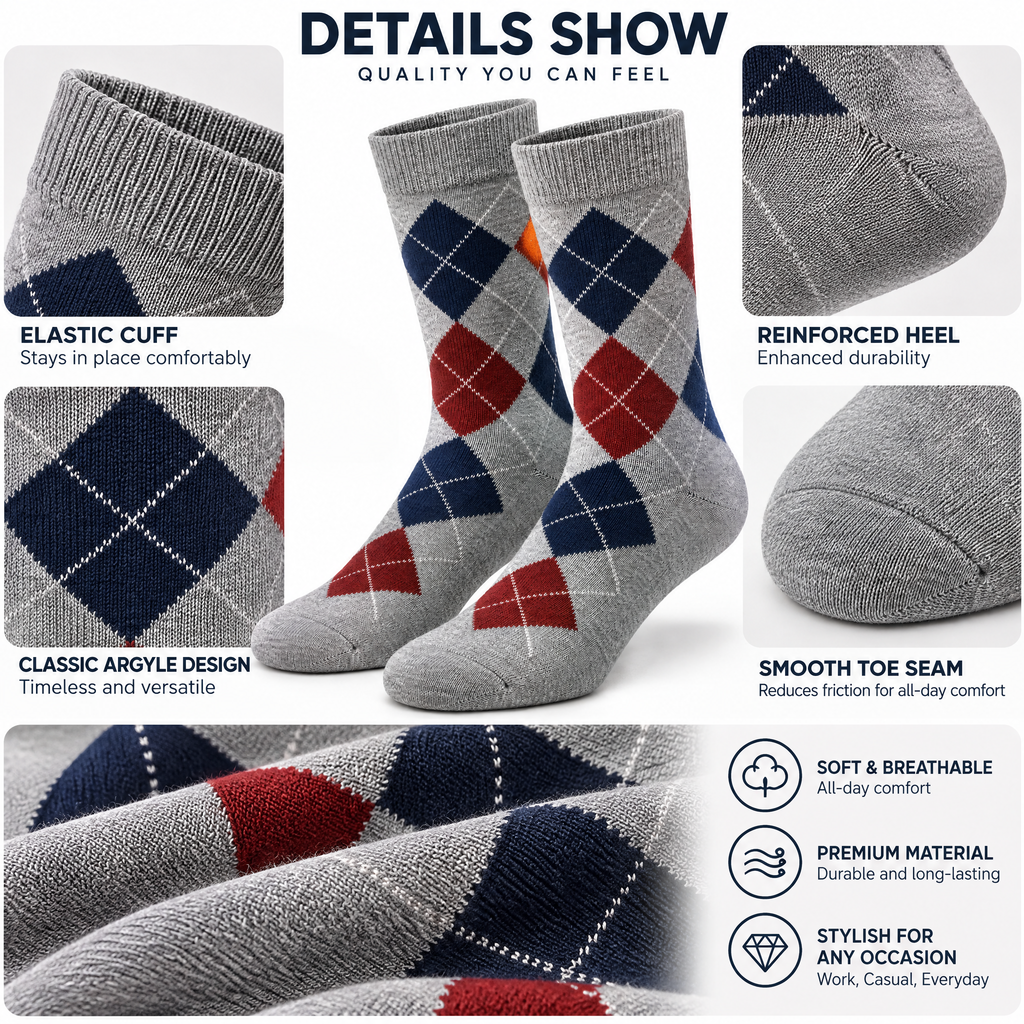 Heather Gray Navy & Brick Argyle Crew Socks — design details