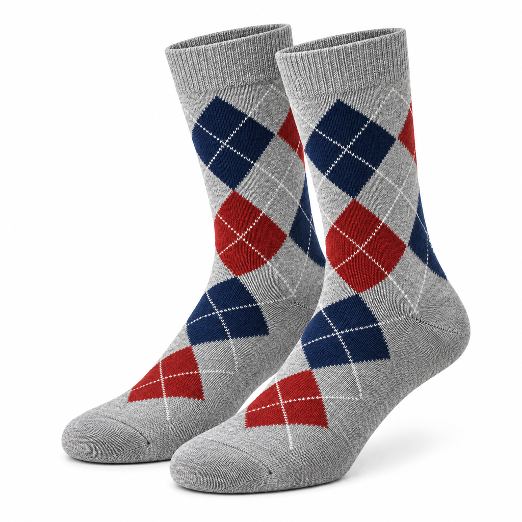 Heather Gray Navy & Brick Argyle Crew Socks — product view