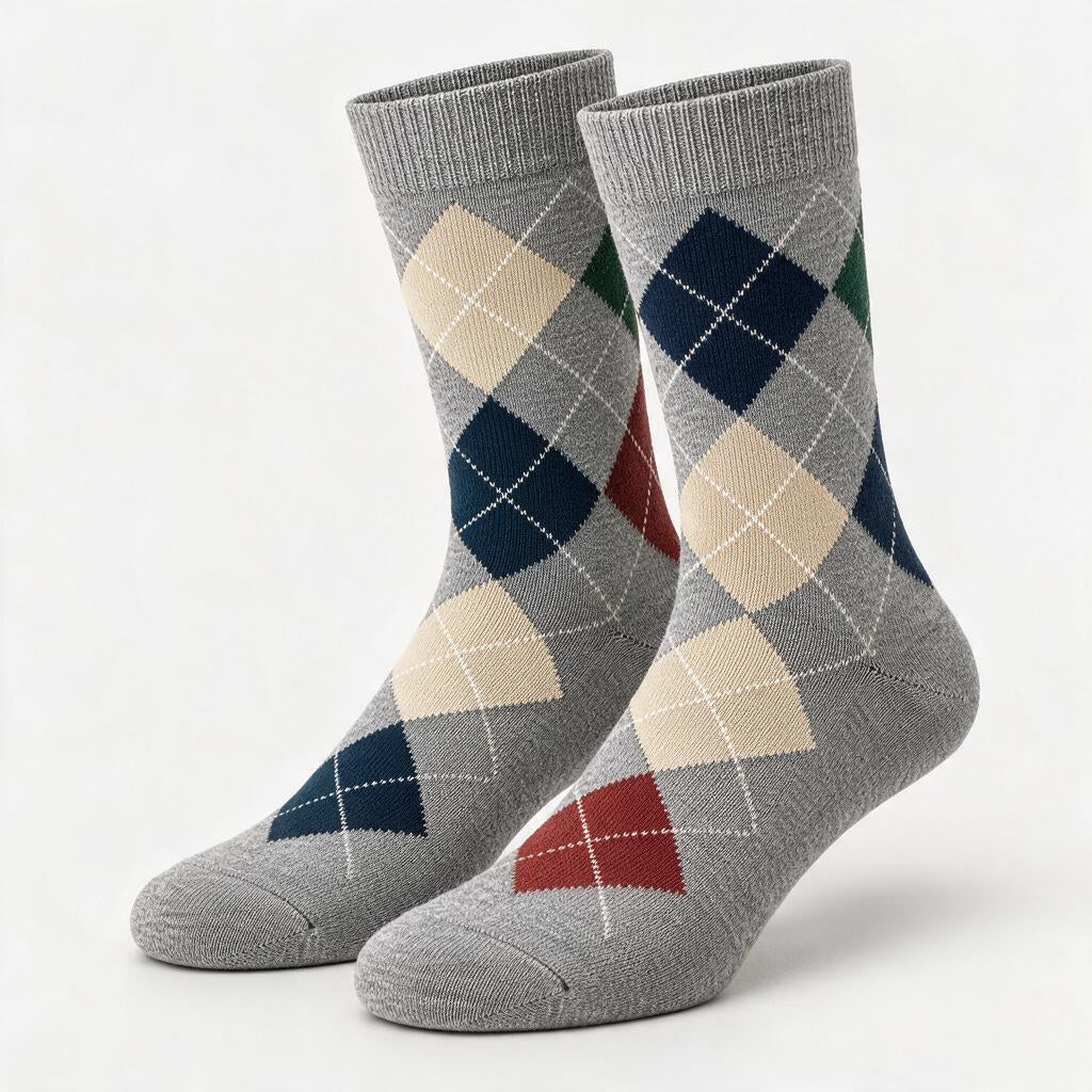 Heather Gray Navy & Brick Argyle Crew Socks — styling variation