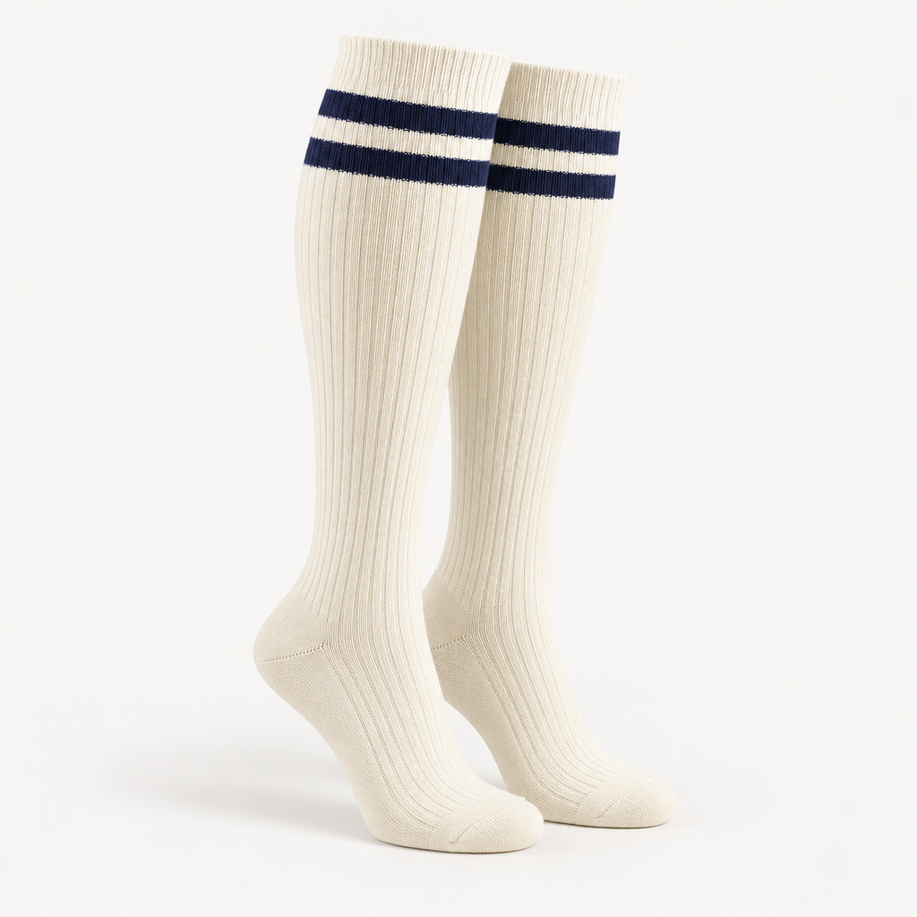 Ivory Knee-High Socks with Navy Double Stripes — main view