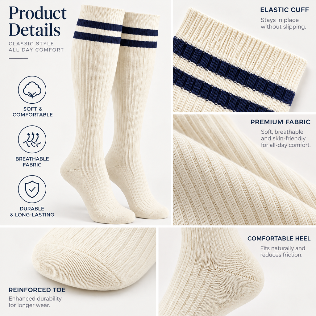 Ivory Knee-High Socks with Navy Double Stripes — design details