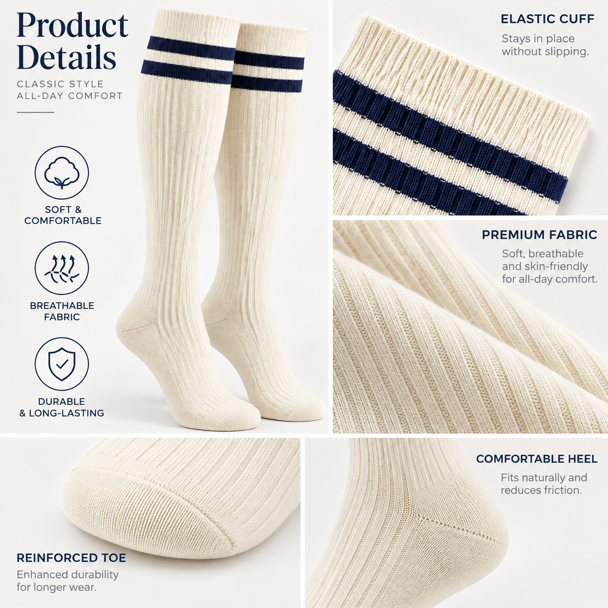 Ivory Knee-High Socks with Navy Double Stripes — design details