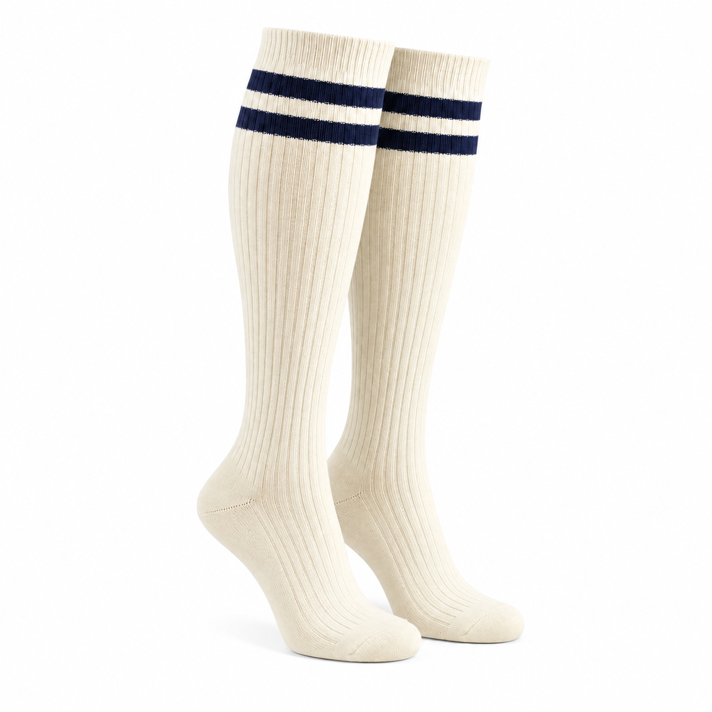Ivory Knee-High Socks with Navy Double Stripes — product view