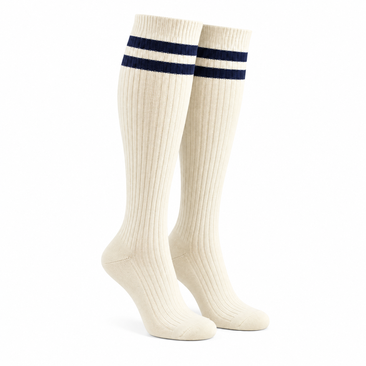 Ivory Knee-High Socks with Navy Double Stripes — product view