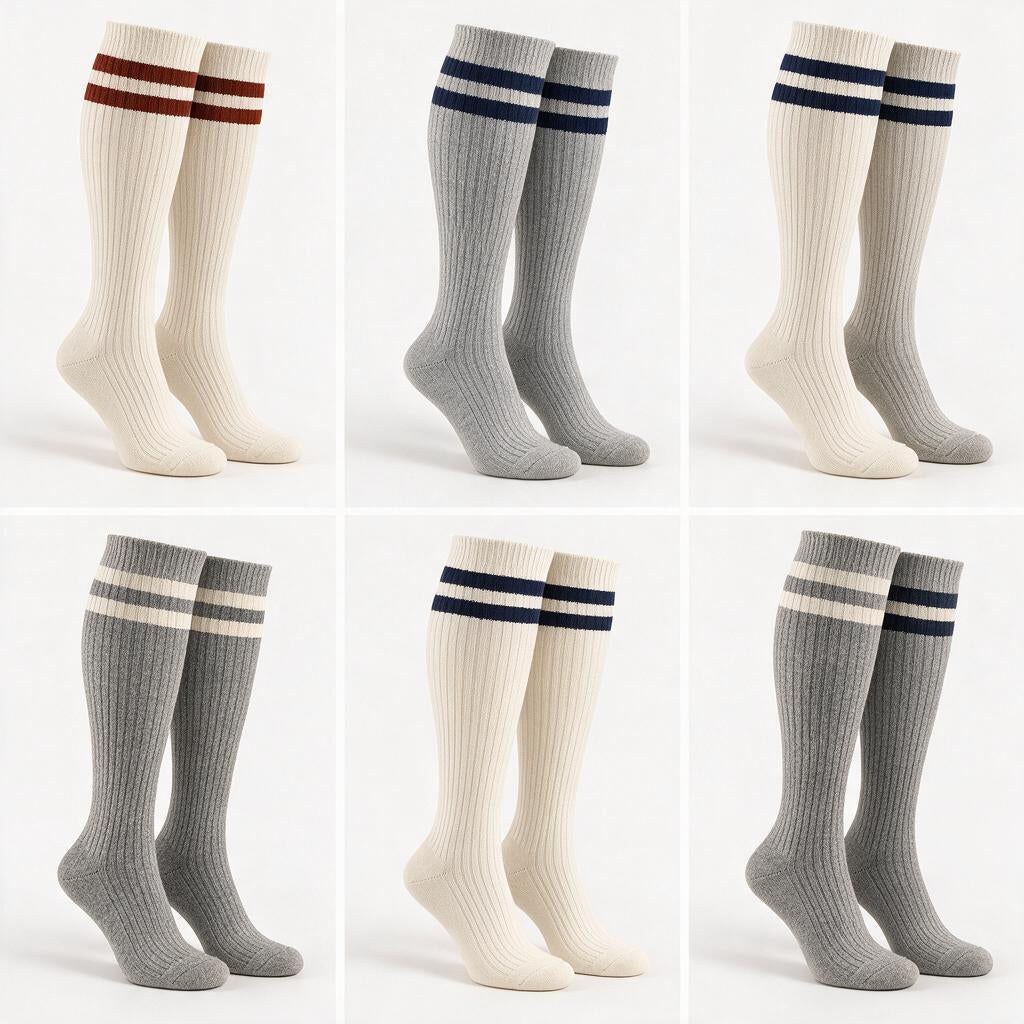 Ivory Knee-High Socks with Navy Double Stripes — styling variation
