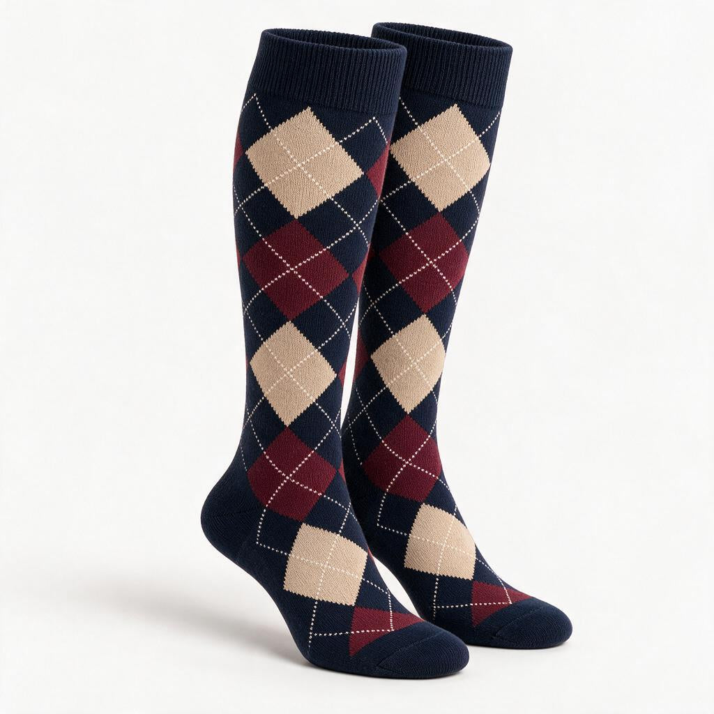Camel Argyle Heritage Knee-High Socks — styling variation