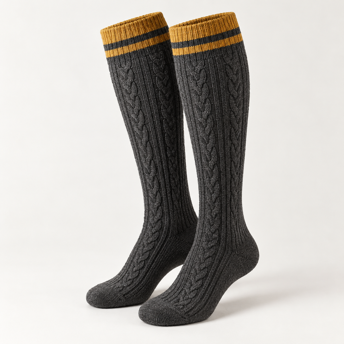 Charcoal Cable-Knit Knee-High Socks with Gold Stripe Cuffs — main view