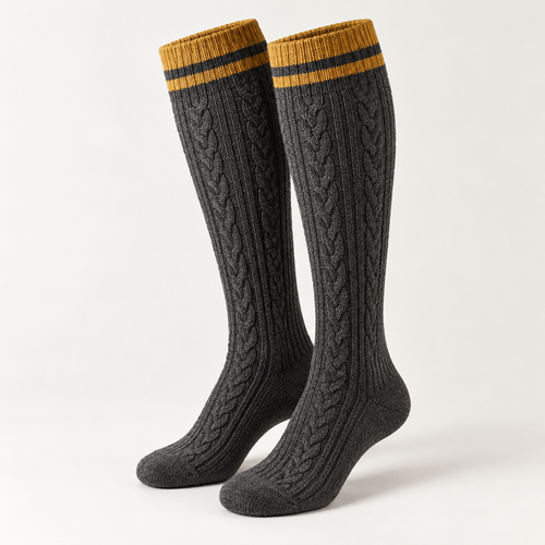 Charcoal Cable-Knit Knee-High Socks with Gold Stripe Cuffs — main view