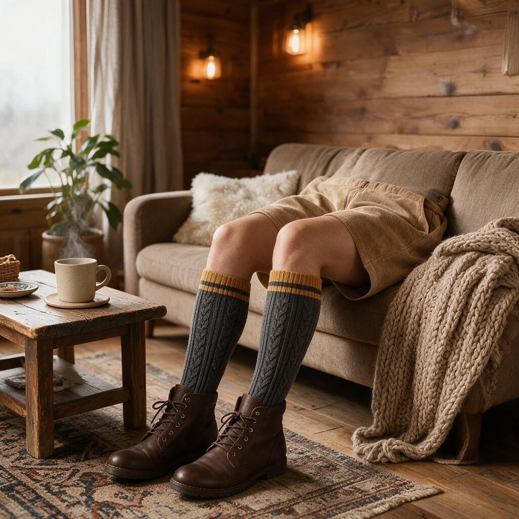 Charcoal Cable-Knit Knee-High Socks with Gold Stripe Cuffs — outfit inspiration