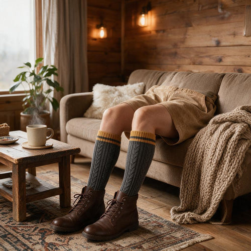 Charcoal Cable-Knit Knee-High Socks with Gold Stripe Cuffs — outfit inspiration