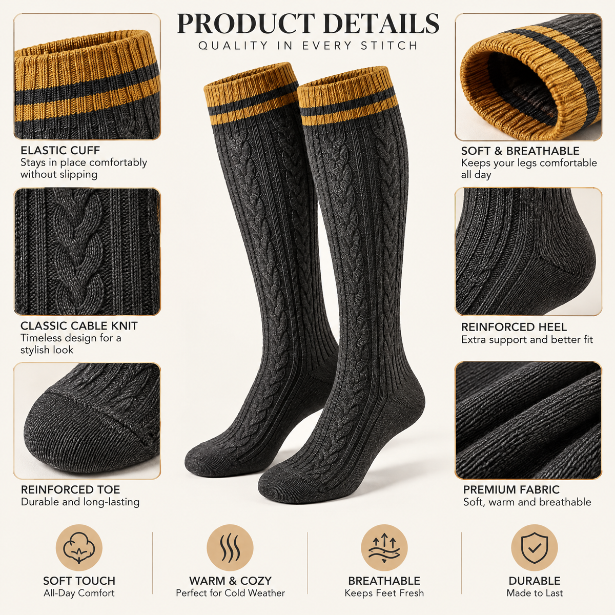 Charcoal Cable-Knit Knee-High Socks with Gold Stripe Cuffs — design details