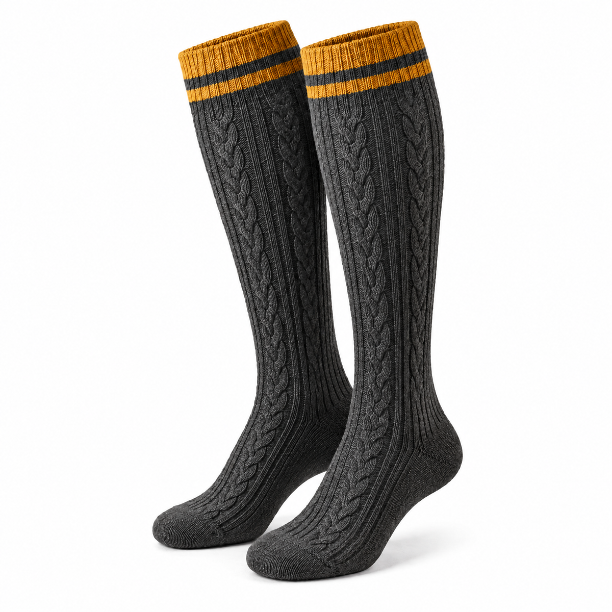Charcoal Cable-Knit Knee-High Socks with Gold Stripe Cuffs — product view