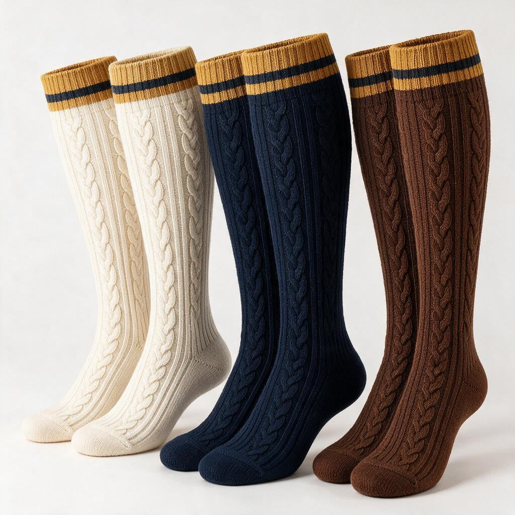 Charcoal Cable-Knit Knee-High Socks with Gold Stripe Cuffs — styling variation