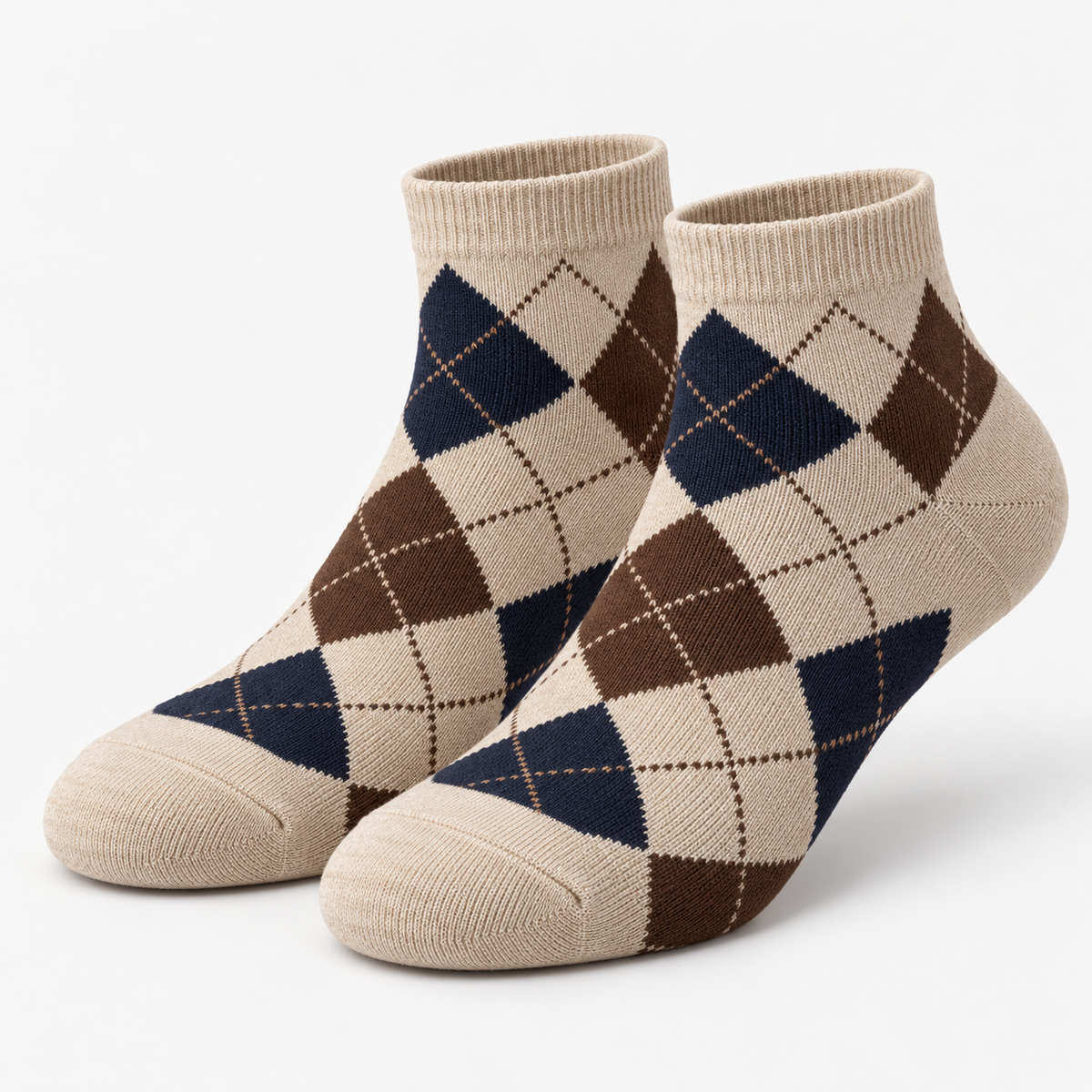 Beige Navy & Brown Argyle Ankle Socks — main view