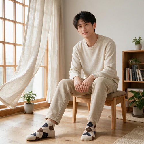 Beige Navy & Brown Argyle Ankle Socks — outfit inspiration