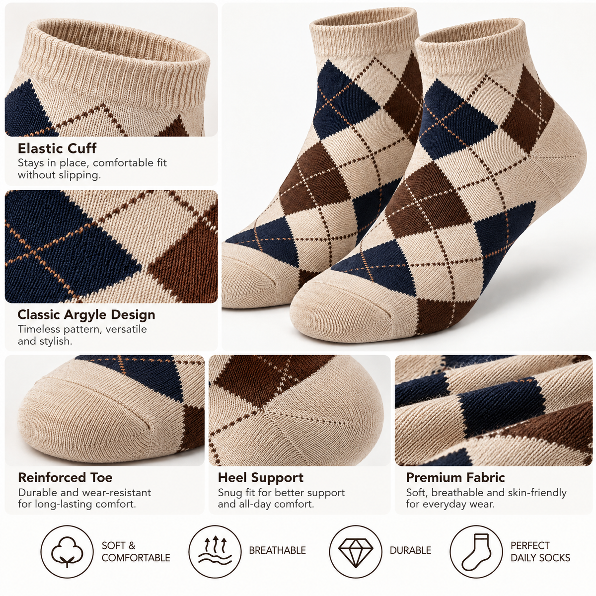 Beige Navy & Brown Argyle Ankle Socks — design details