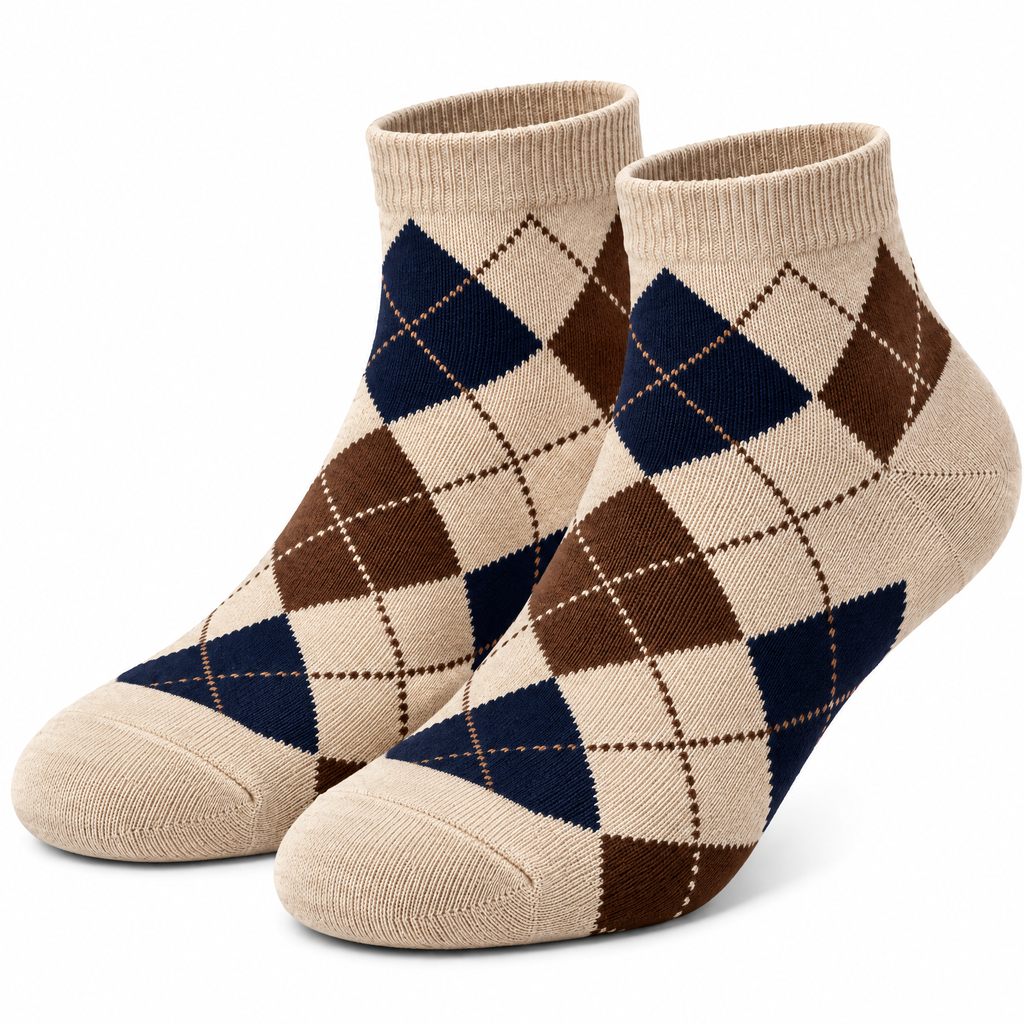 Beige Navy & Brown Argyle Ankle Socks — product view