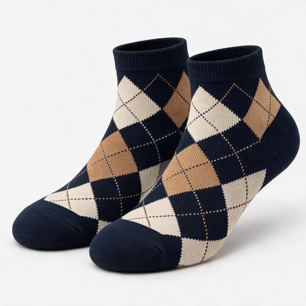 Beige Navy & Brown Argyle Ankle Socks — styling variation