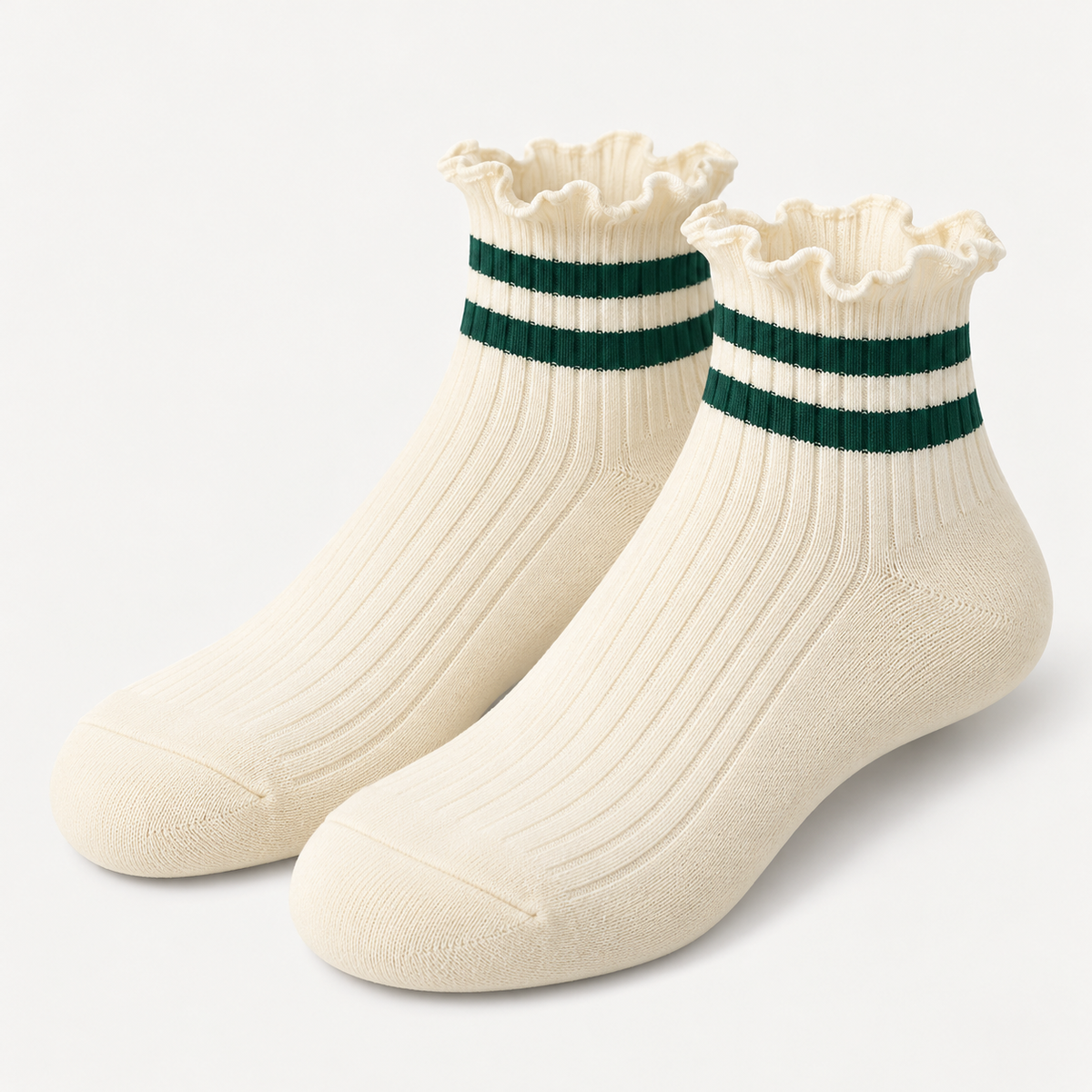 Ivory Ruffle-Cuff Ankle Socks with Forest Green Stripes — main view