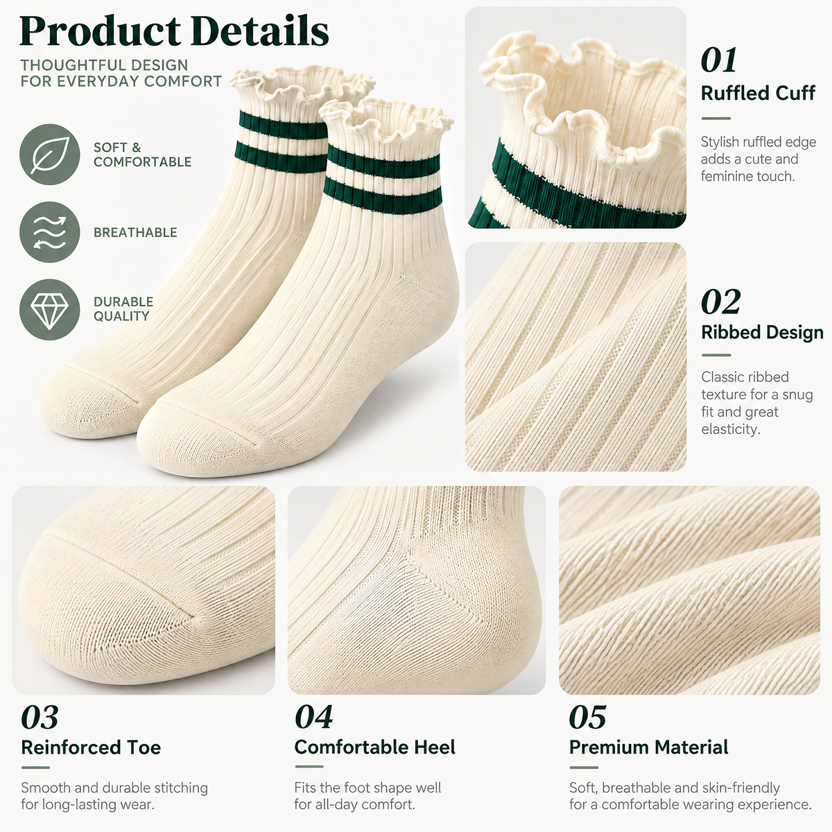 Ivory Ruffle-Cuff Ankle Socks with Forest Green Stripes — design details