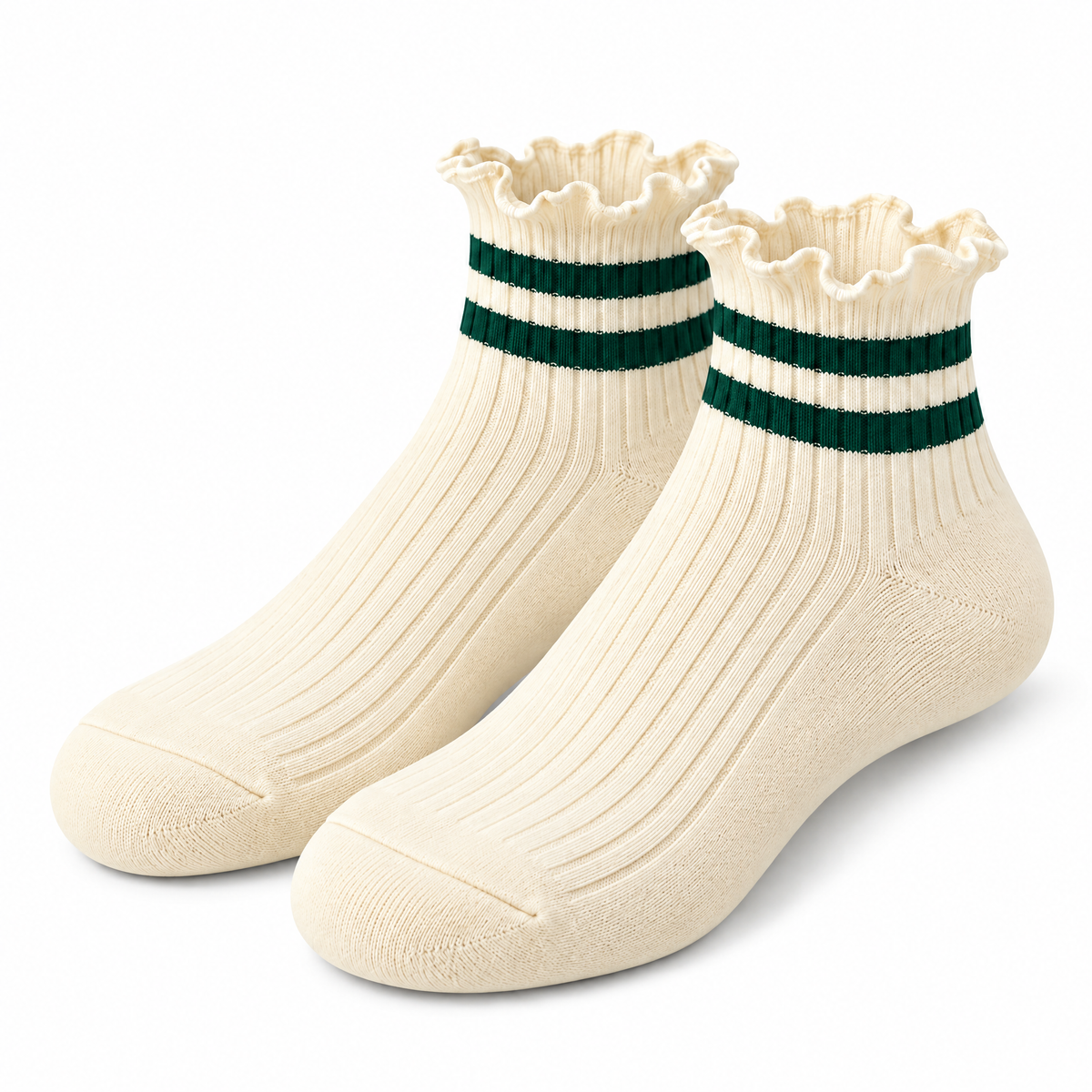Ivory Ruffle-Cuff Ankle Socks with Forest Green Stripes — product view