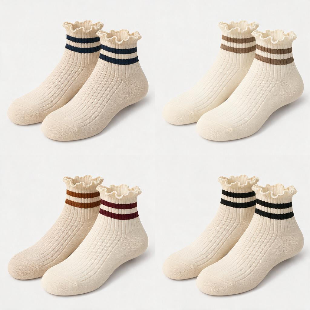 Ivory Ruffle-Cuff Ankle Socks with Forest Green Stripes — styling variation